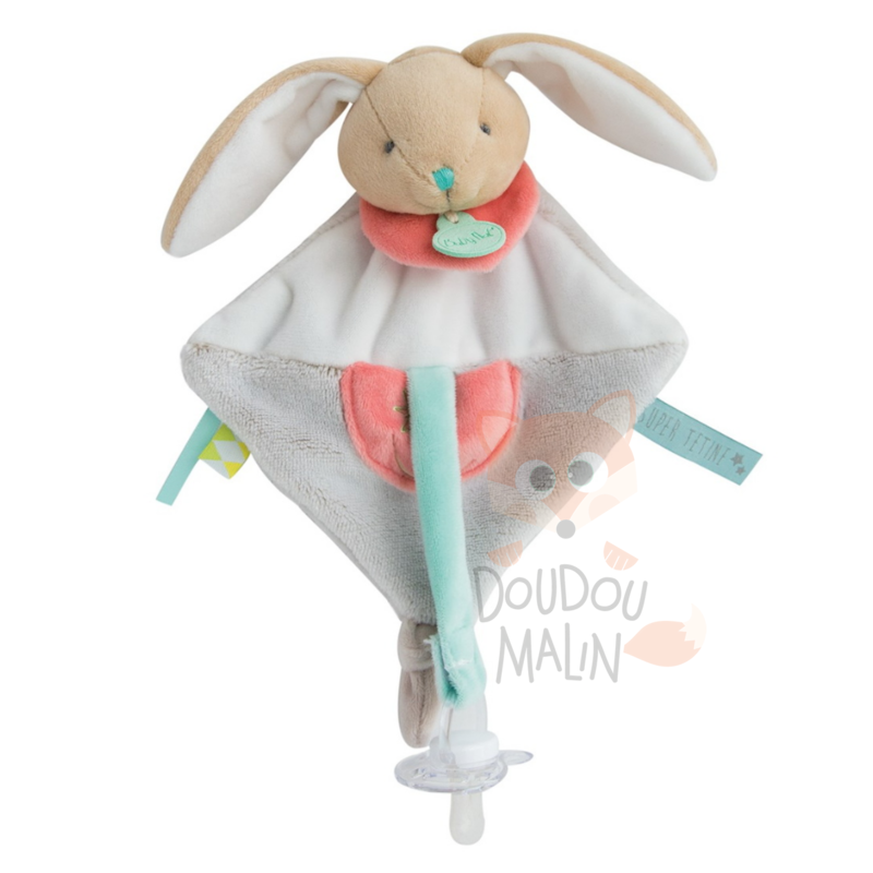  super doudous attache-sucette lapin blanc gris orange 